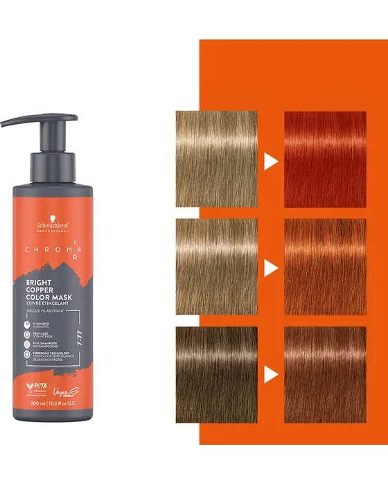 Chroma ID Bright Copper 7-77 — pasma włosów przed koloryzacją i po niej, trzy stopnie bazy