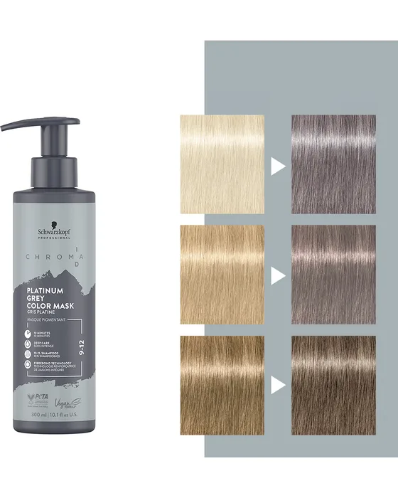 Chroma ID Platinum Grey 9-12 — pasma włosów przed koloryzacją i po niej, trzy stopnie bazy
