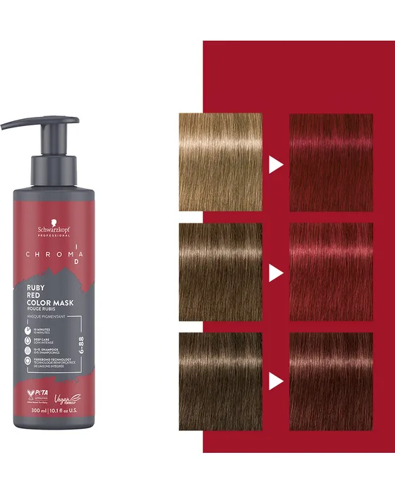 Chroma ID Ruby Red 6-88 — pasma włosów przed koloryzacją i po niej, trzy stopnie bazy